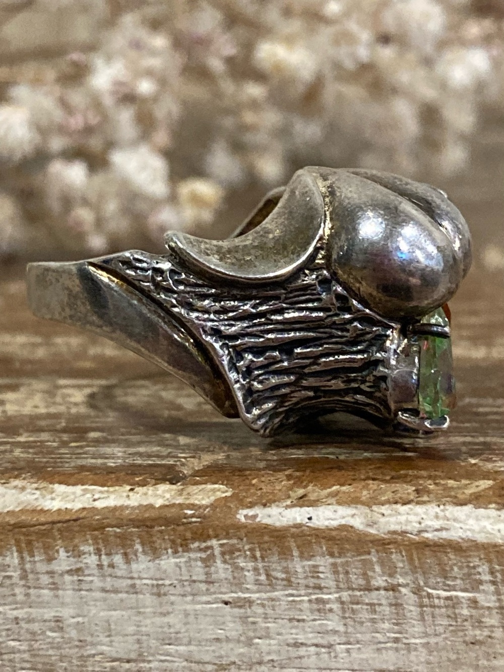 Rainbow Teardrop Gemstone Statement Ring Tree Bark Texture Silver Tone Size 8 - Picture 3 of 13